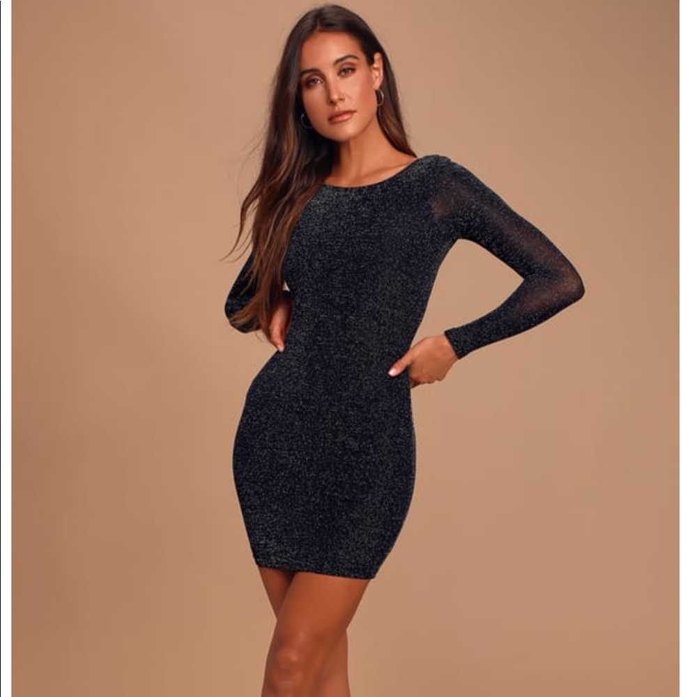 Lulu’s Gift of Love Black and Silver Backless Long Sleeve Bodycon Dress